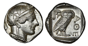 Silver Athenian owl tetradrachm (~500 BCE)
